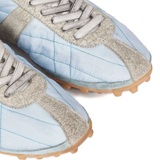 Close up of blue shoes, showing texture of the polyester fabric