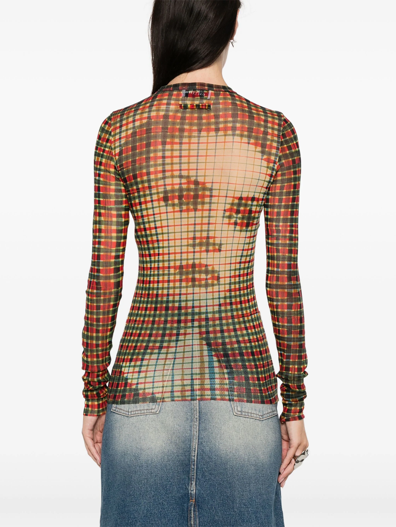 JEAN PAUL GAULTIER - Women Printed "Tartan Face" Mesh Long Sleeve Top