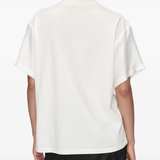White t-shirt worn by a person, showing the t-shirt's fit