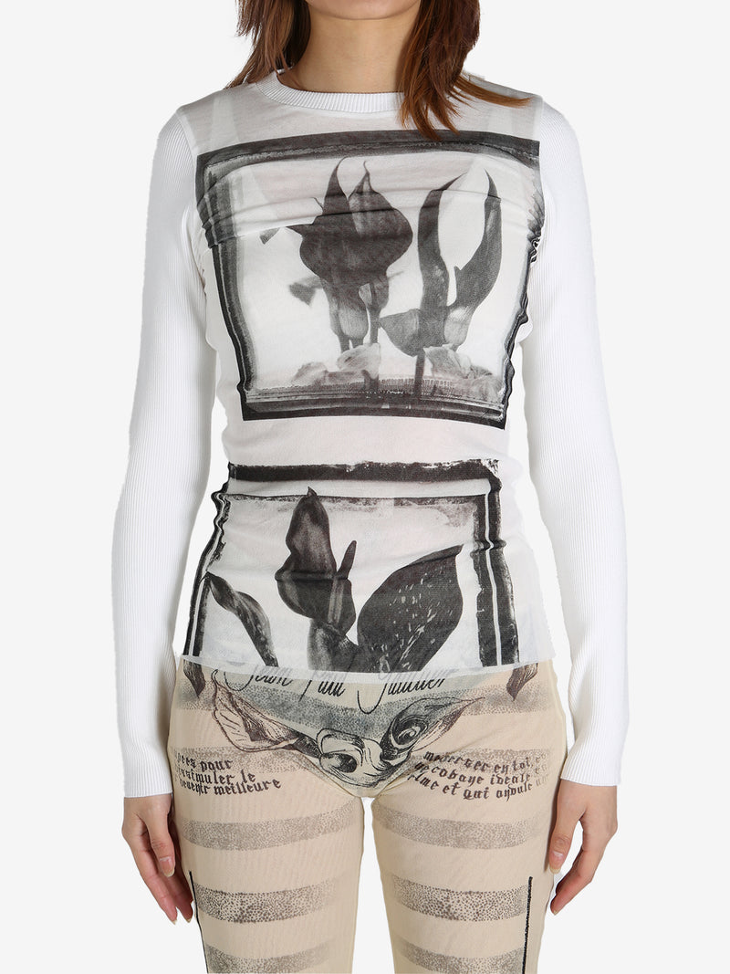 JEAN PAUL GAULTIER - Women Printed Flowers Sheer Long Sleeved Top