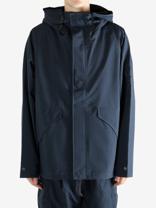 Navy jacket worn by a person, showing the jacket's fit