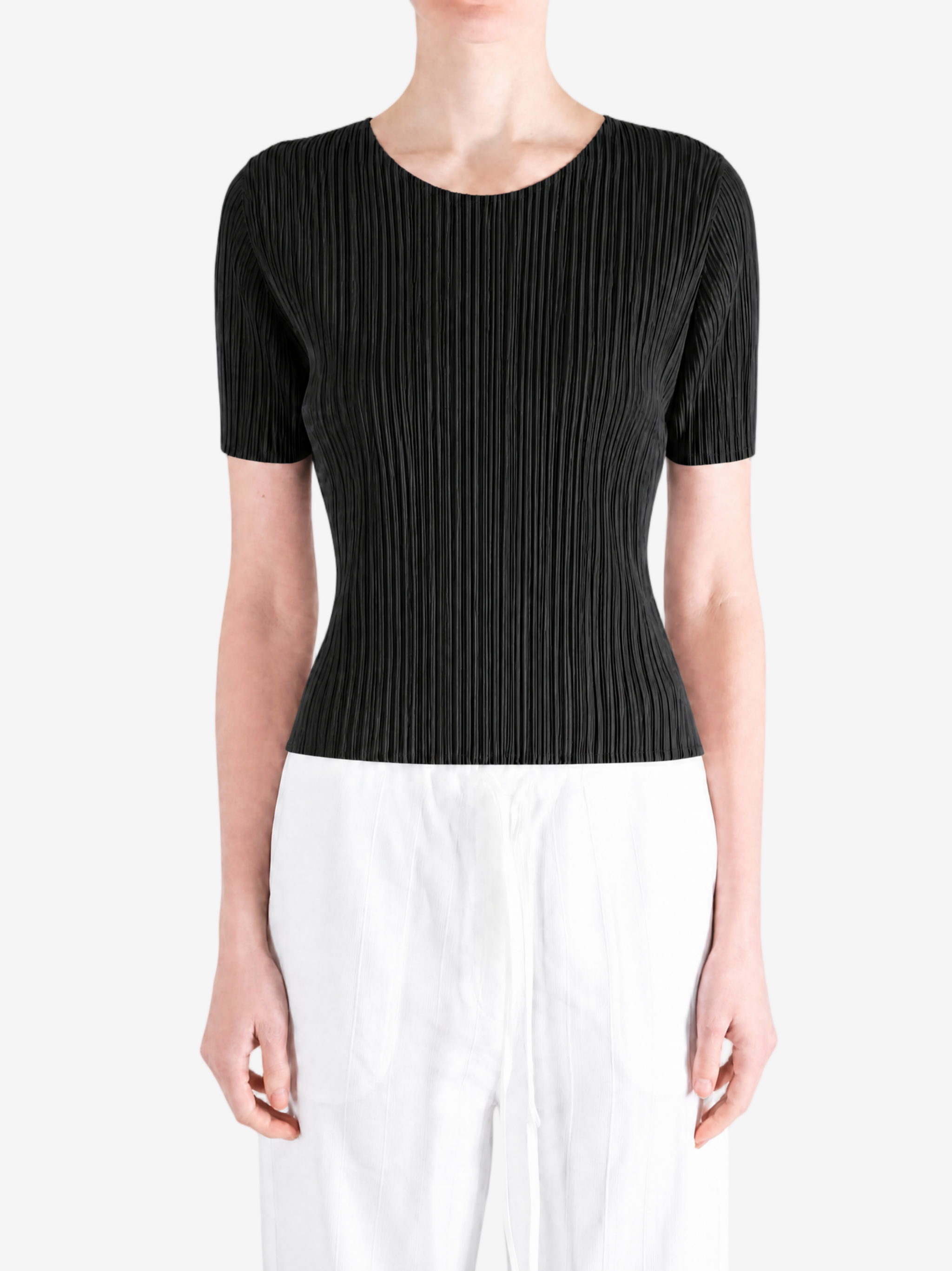 Black shirt worn by a person, showing the shirt fit