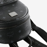 Close up of black backpack,showing texture of the faux nappa fabric