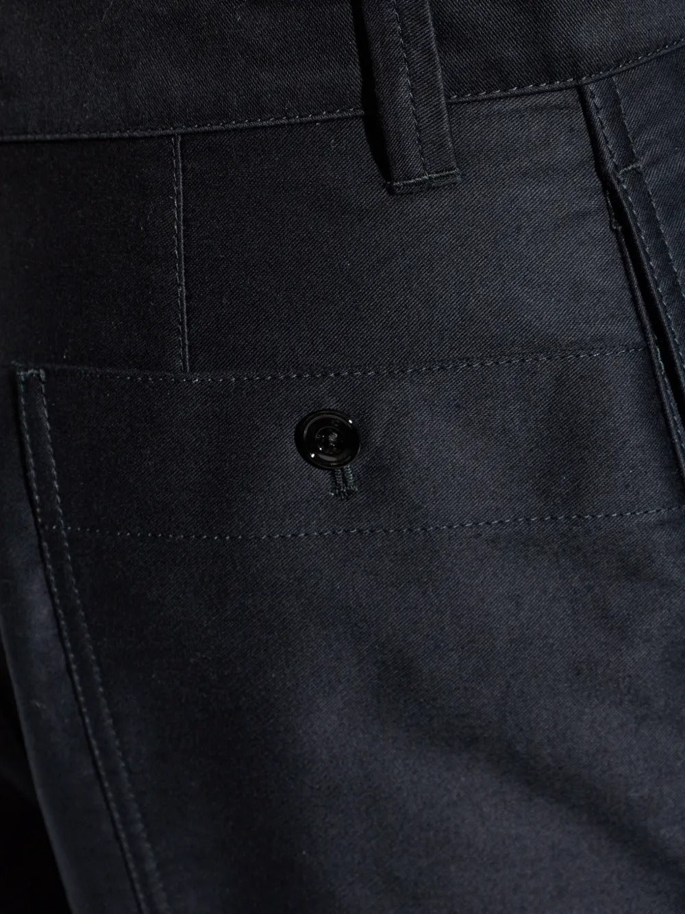 Close up of black pants, showing texture of the cotton fabric