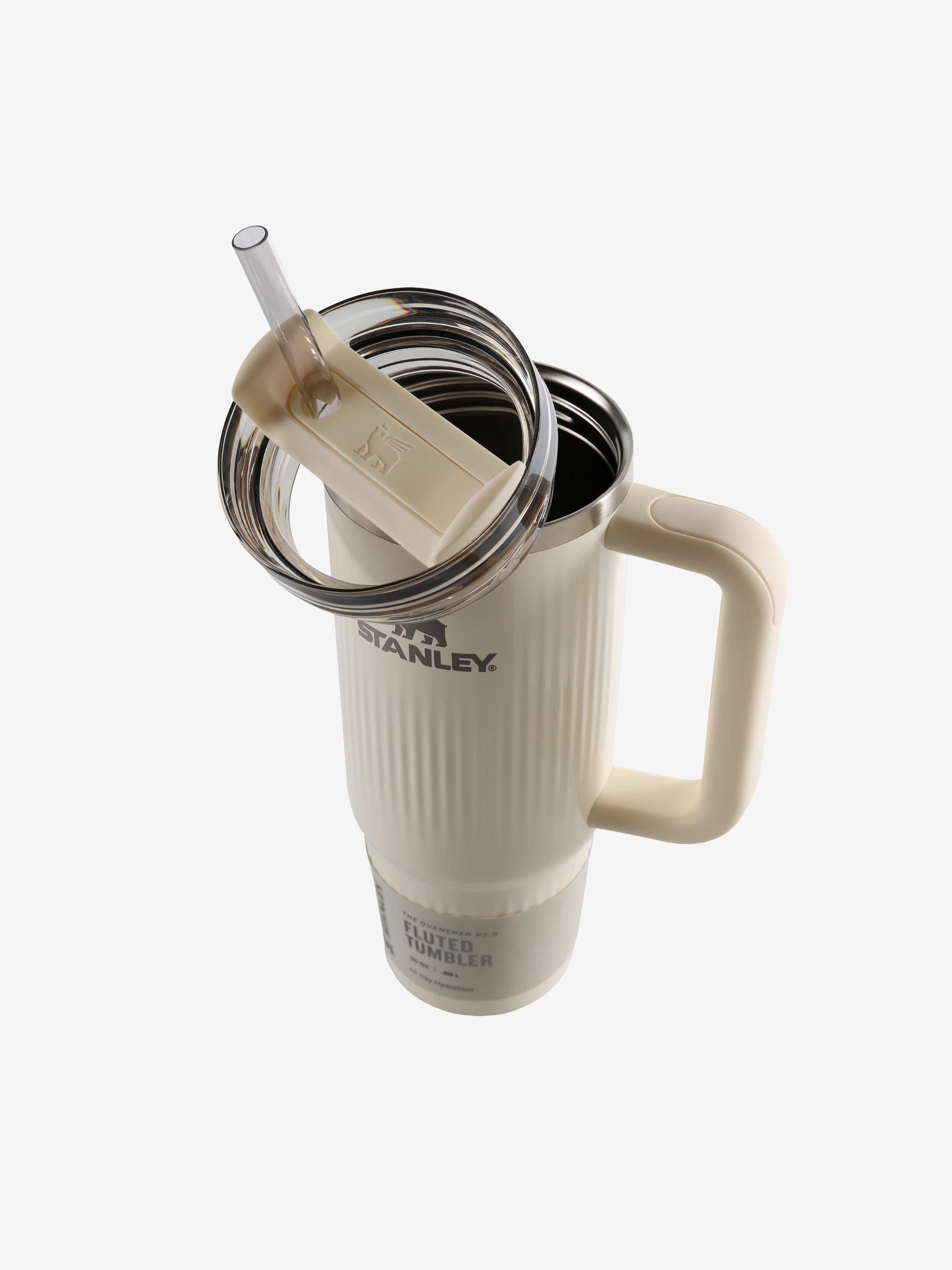 Close up of the white tumbler, showing texture of the recycled 18/8 stainless steel fabric