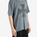 Grey t-shirt worn by a person, showing the t-shirt fit