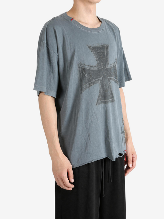 Grey t-shirt worn by a person, showing the t-shirt fit