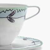 Close up of white cup, showing texture of the bone porcelain fabric