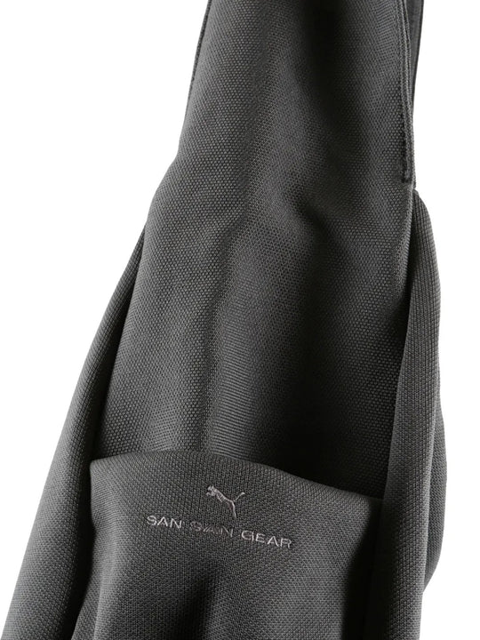 Close up of the grey bag, showing texture of the fabric