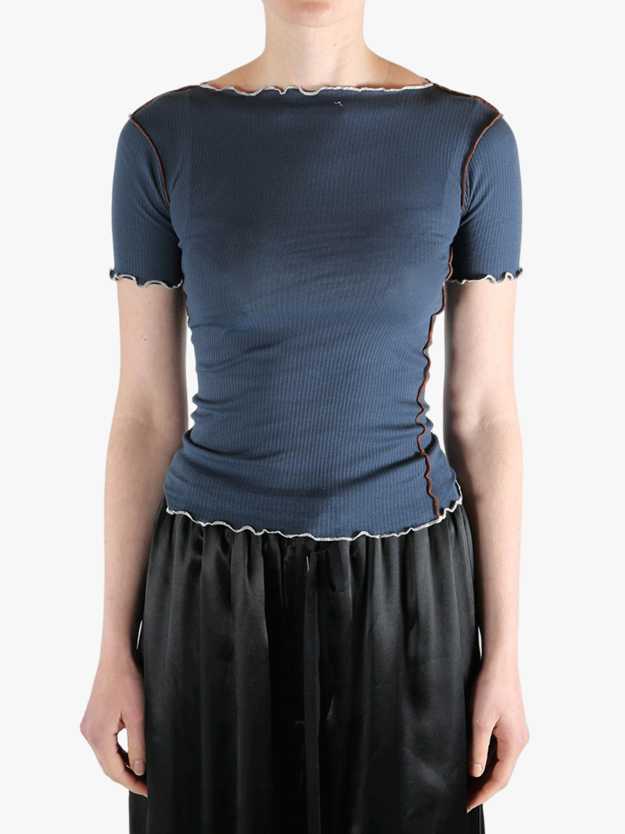 Blue t-shirt worn by a person, showing the shirt's fit