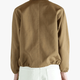 Brown jacket worn by a person, showing the jacket fit