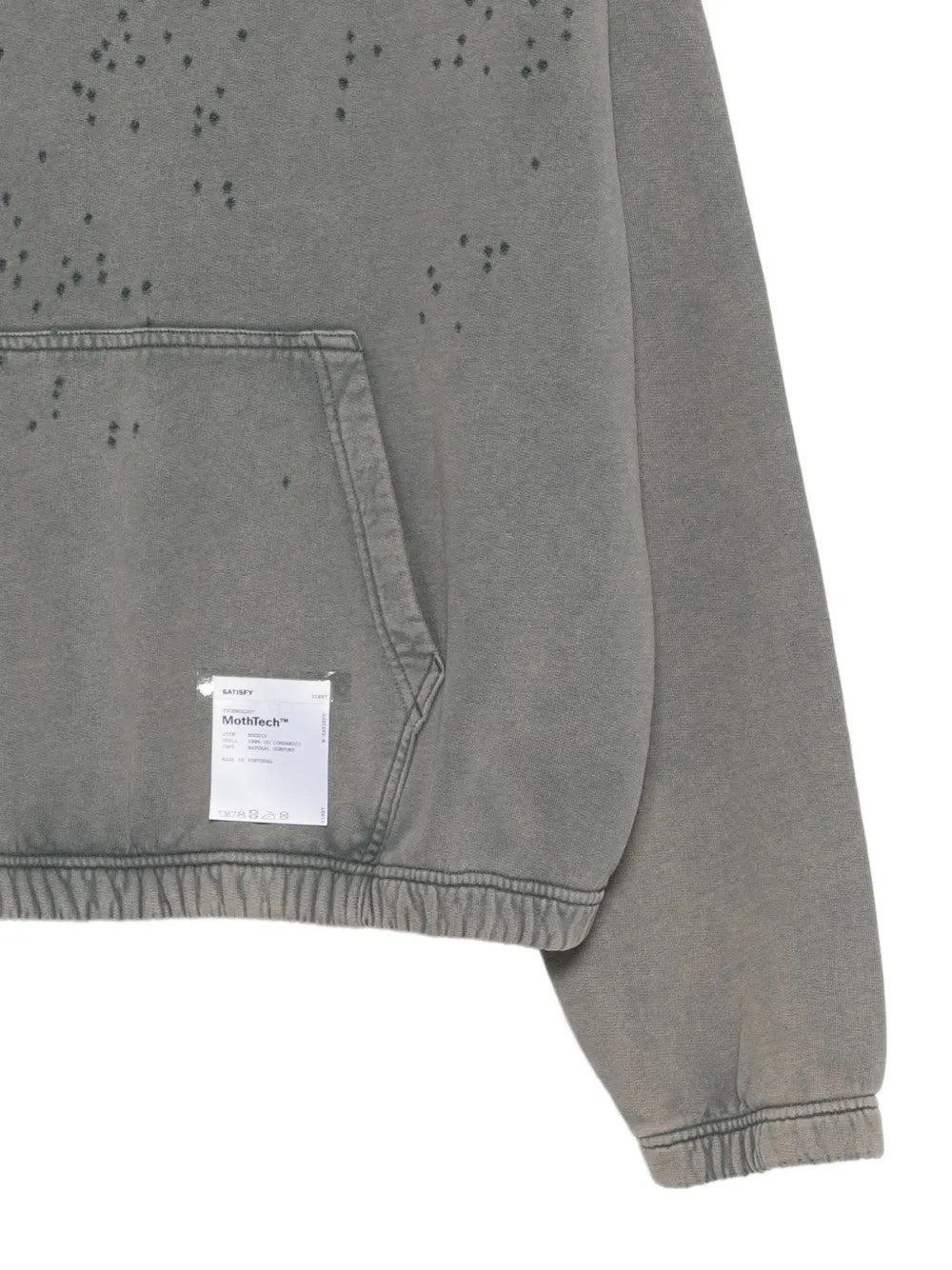 Close up of Grey hoodie, showing texture of the 100% organic cotton made fabric