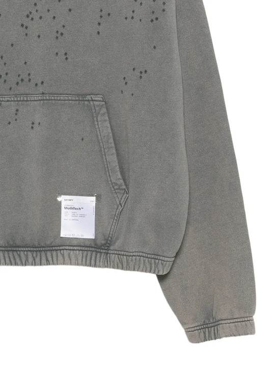 Close up of Grey hoodie, showing texture of the 100% organic cotton made fabric