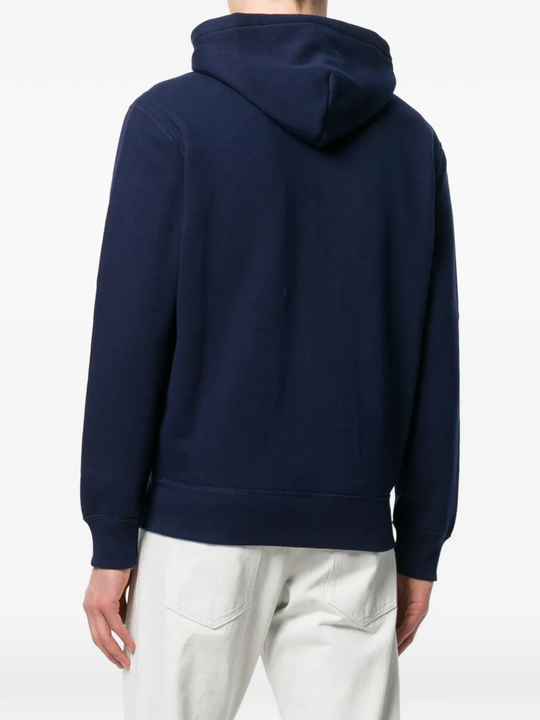 Blue hoodie, full body view