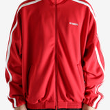 Red jacket worn by a person, showing the jacket's fit