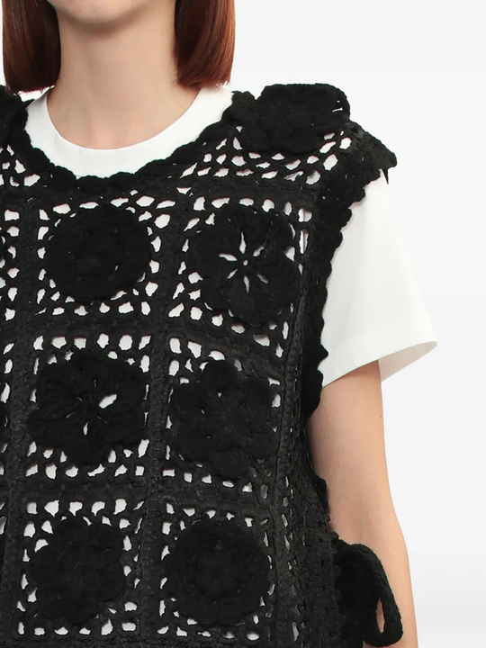 Close up of black top, showing texture of the Polyester and Acrylic fabric