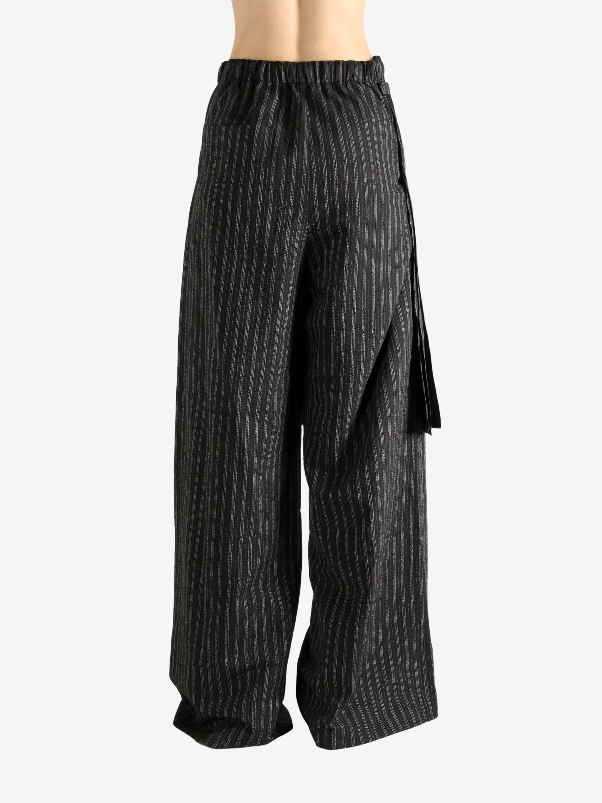 Black pants worn by a person, showing the pants' fit