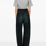Navy pants, full body view