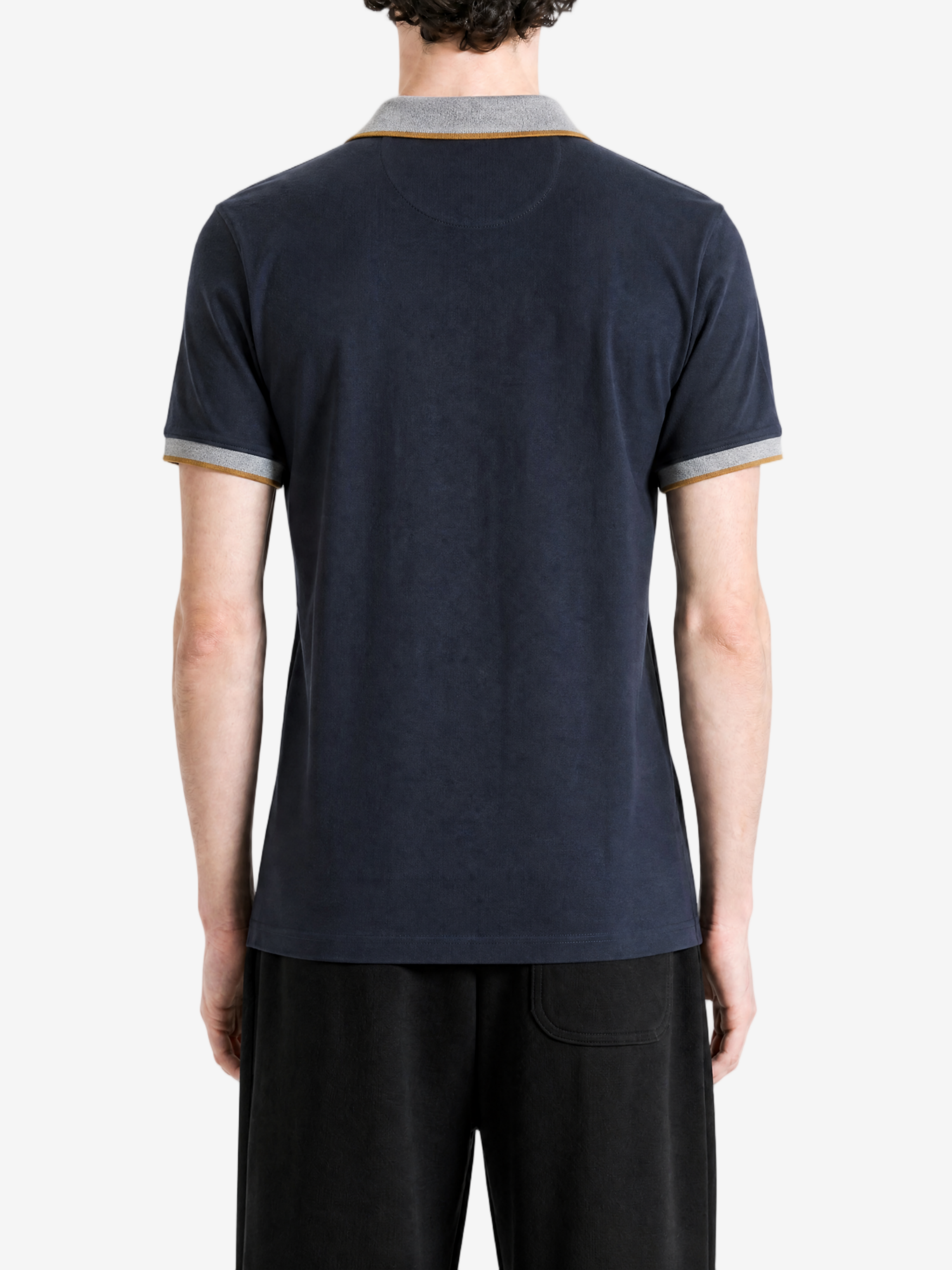 Navy shirt, full body view