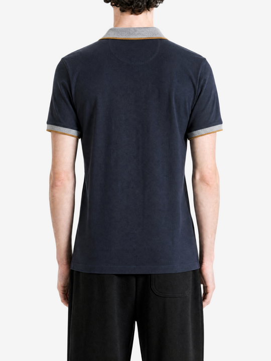 Navy shirt, full body view