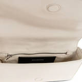 Close up of white handbag,showing texture of the leather fabric.