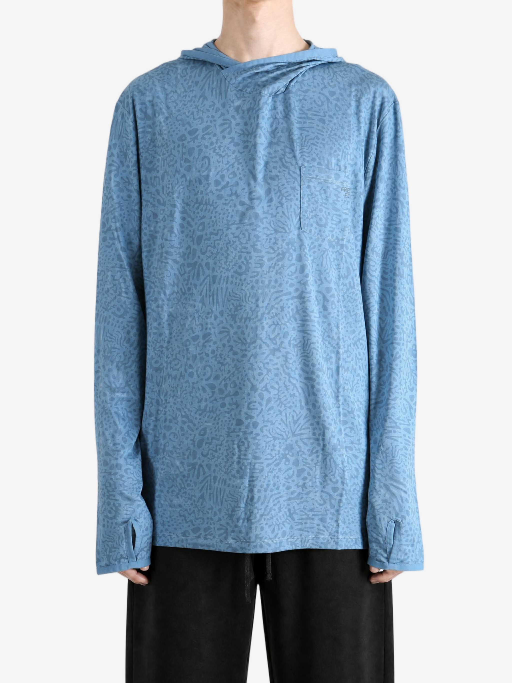 Blue hoodie, full body view