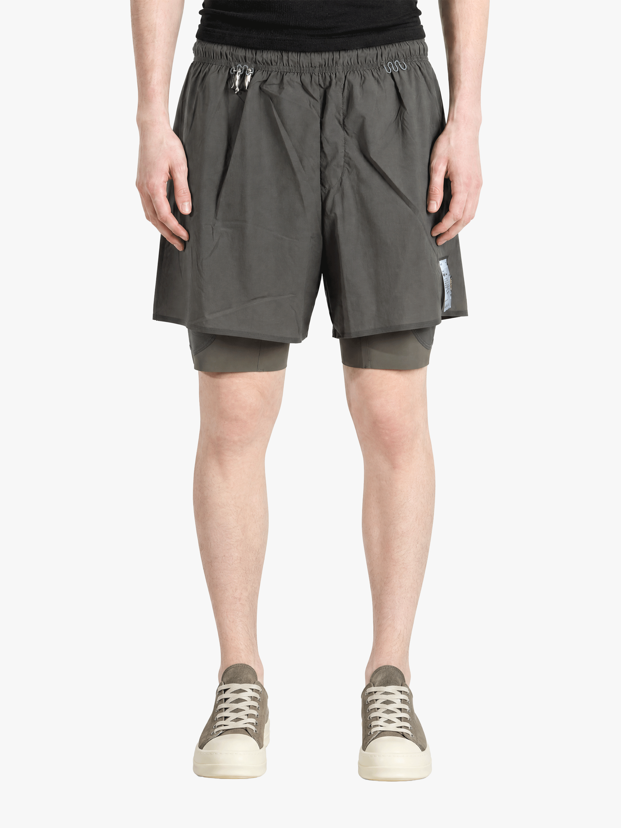 Grey shorts, full body view