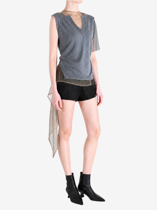 grey shirt worn by a person, showing the shirt fit