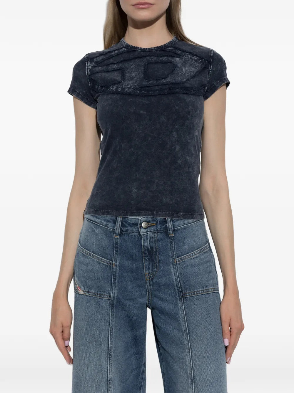 Navy top, full body view