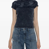 Navy top, full body view