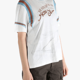 White T-shirt worn by a person, showing the T-shirt's fit