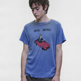 Blue t-shirt worn by a person, showing the t-shirt fit