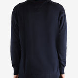 Navy sweater worn by a person, showing the sweater's fit