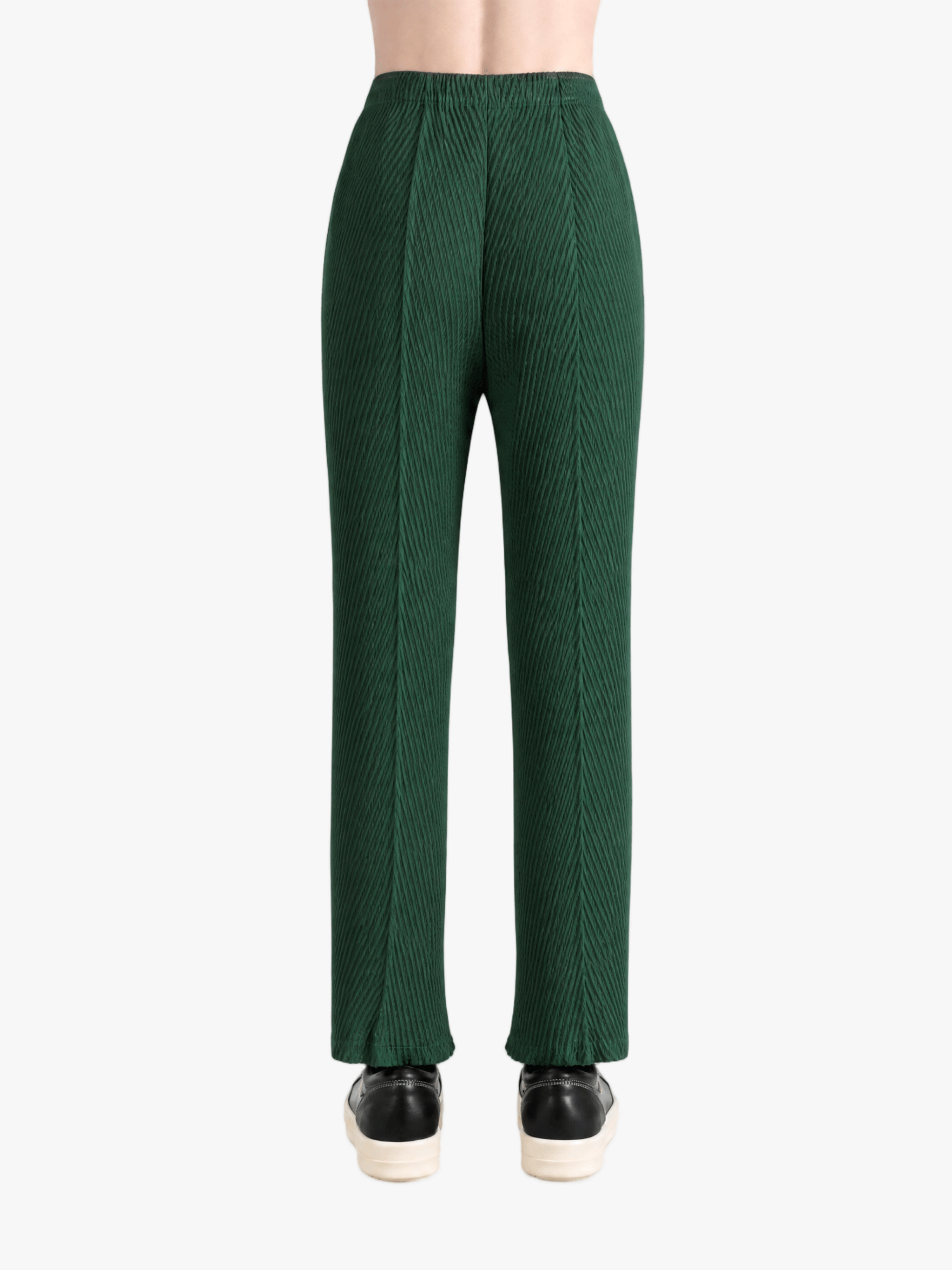 Green pants, full body view