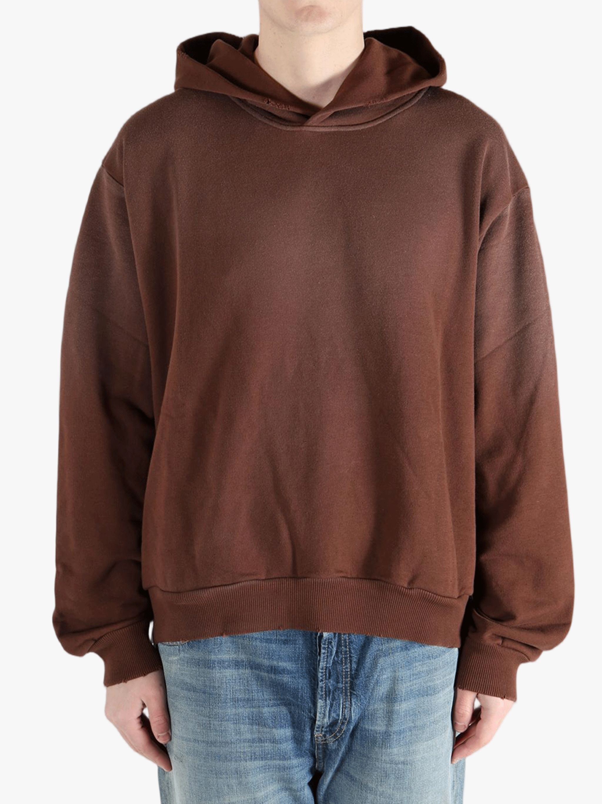 Brown sweats-hoodies worn by a person, showing the cotton fit