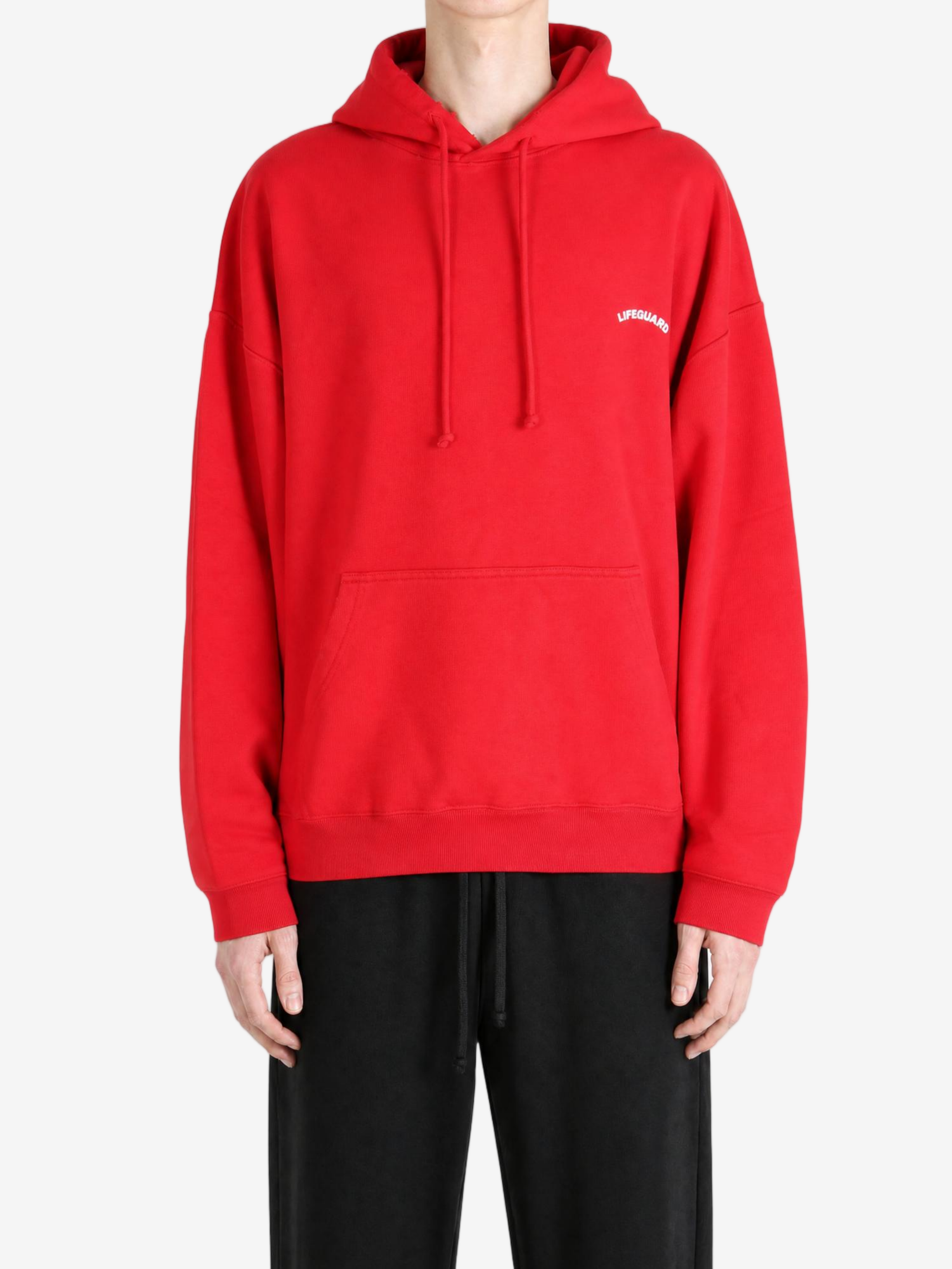 Red hoodie, full body view