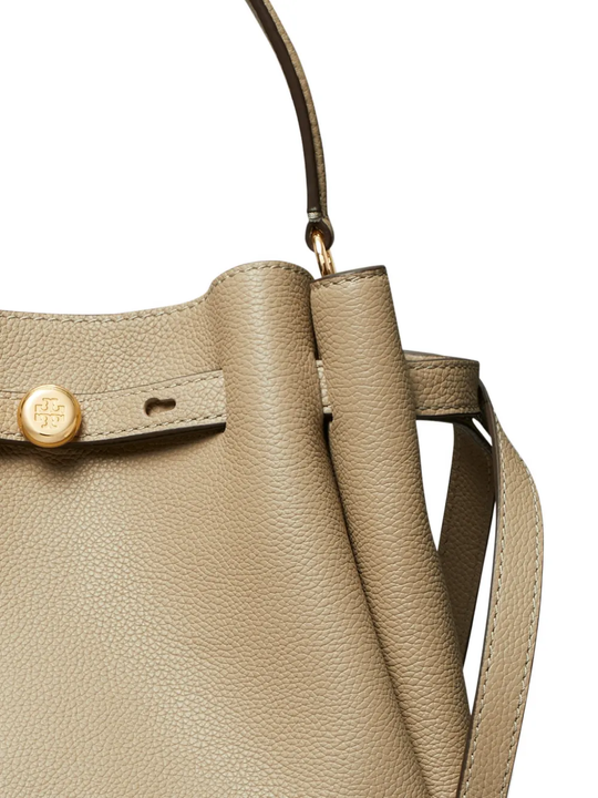 Close up of brown bag, showing texture of the calf leather fabric