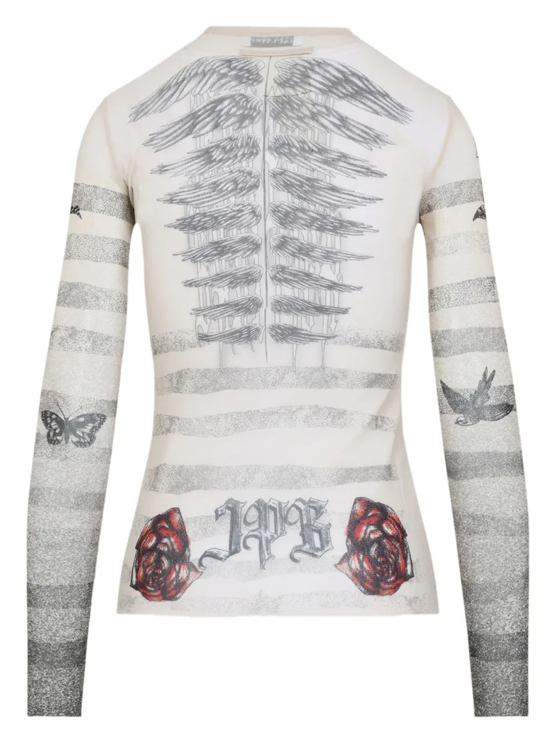 JEAN PAUL GAULTIER - Women Printed"Tattoo Marinière"Rinière" Mesh Long Sleeves Top