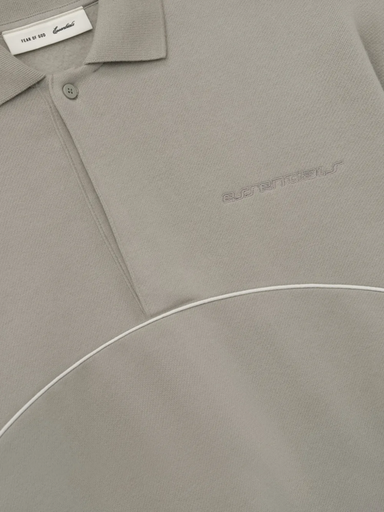 Close up of grey shirt, showing texture of the Cotton and Polyester fabric