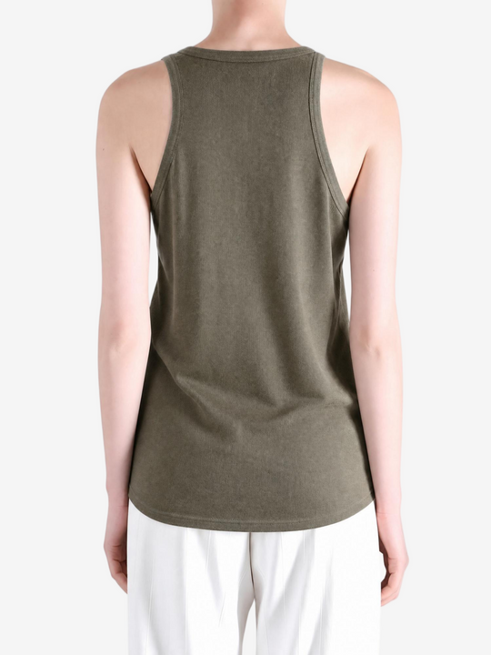 Brown top worn by a person, showing the top fit