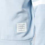 Close up of light blue sweater,showing texture of the cotton fabric.