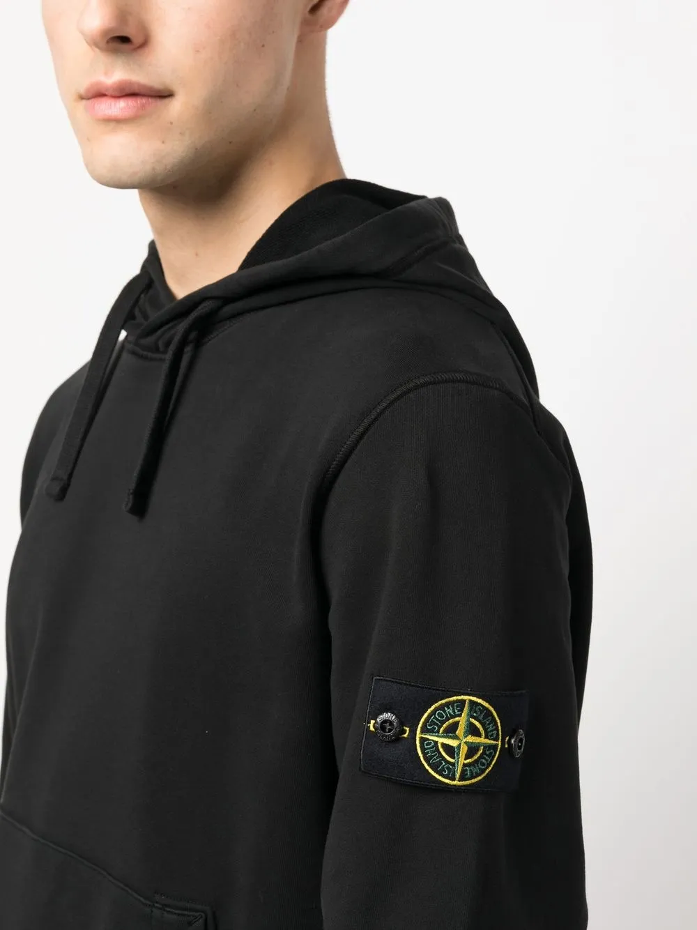 Close up of Black sweater, showing texture of the cotton fabric