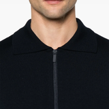 Close up of the blue knitwear, showing texture of the wool fabric