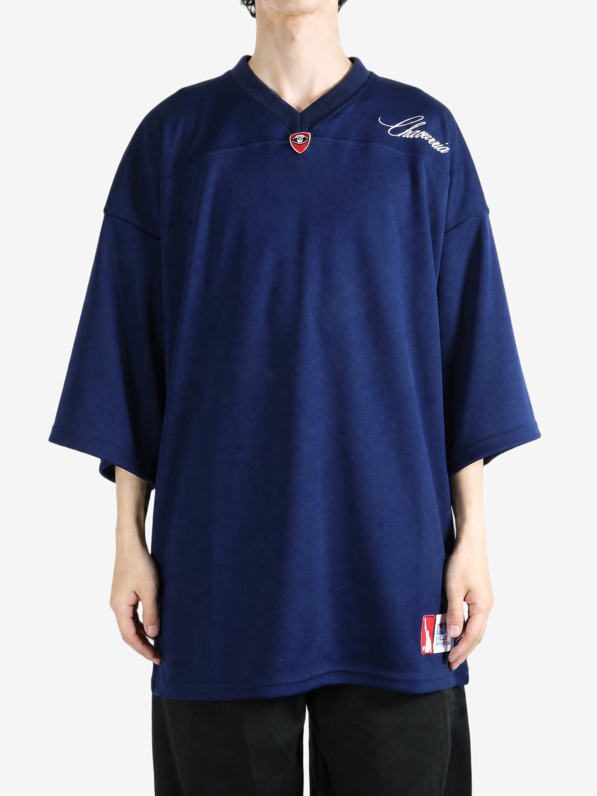 Navy top, full body view