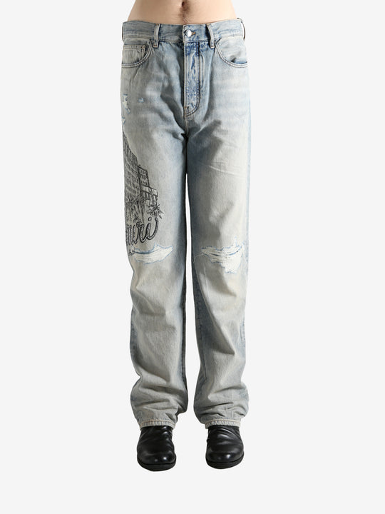 Blue jeans worn by a person, showing the jeans fit