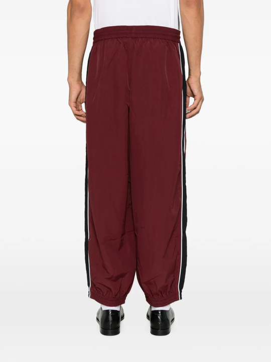 Burgundy pants, full body view