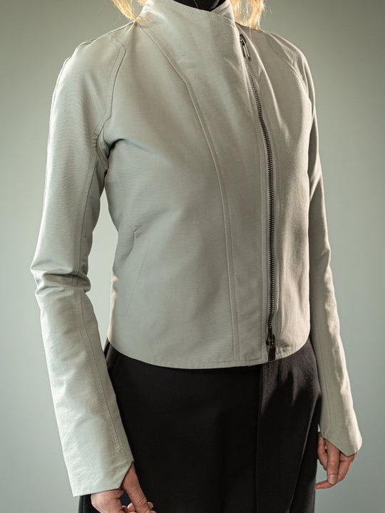 Close up of grey jacket, showing texture of the fabric