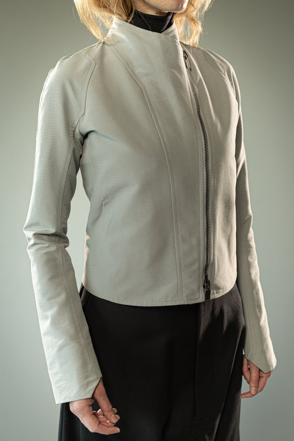 Close up of grey jacket, showing texture of the fabric