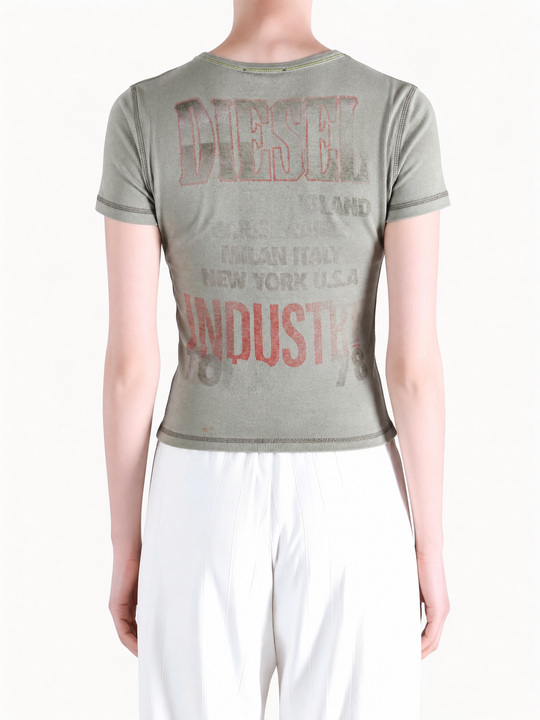 Green t-shirt worn by a person, showing the t-shirt fit