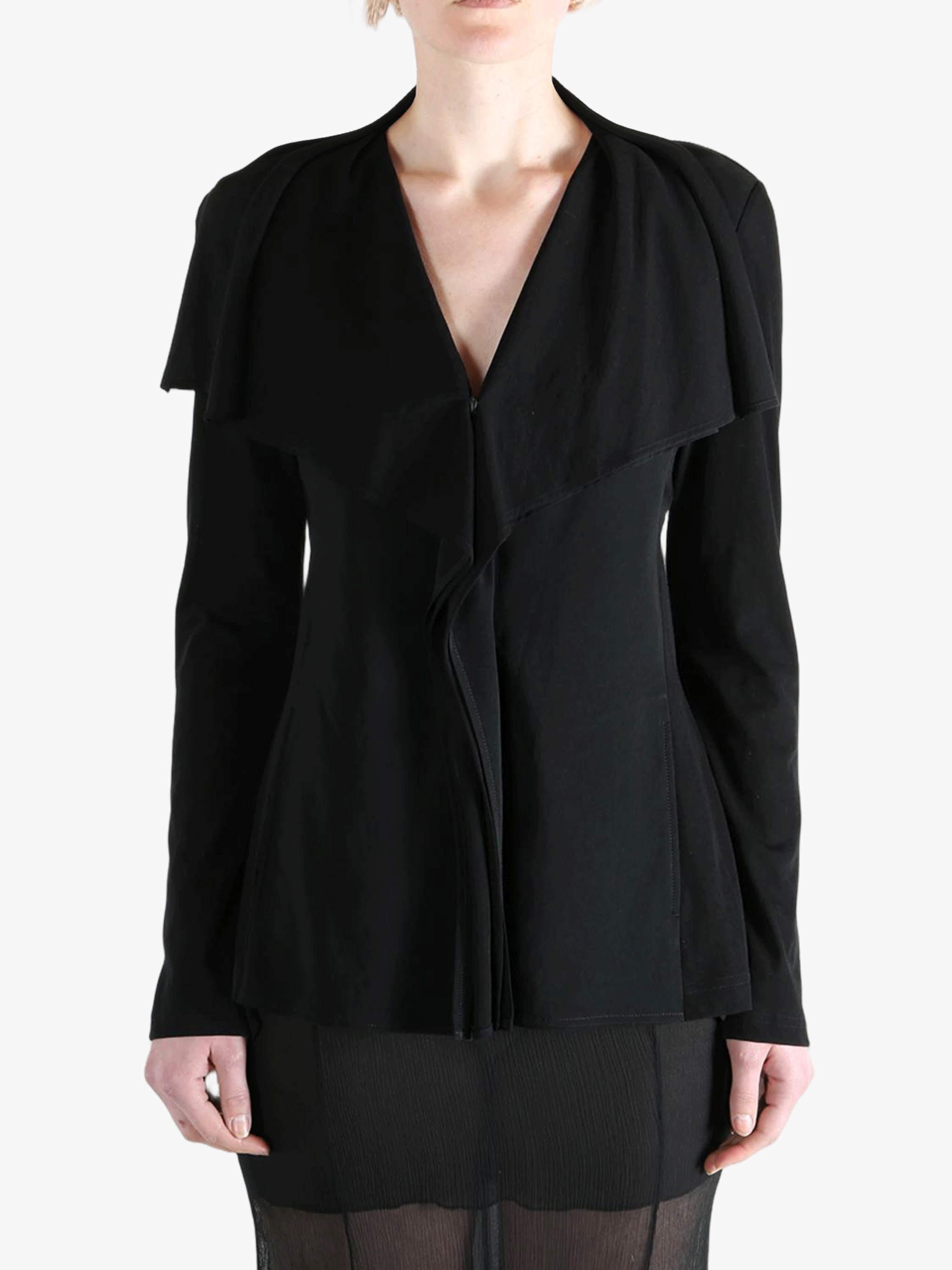 Black jackets worn by a person, showing the jackets fit